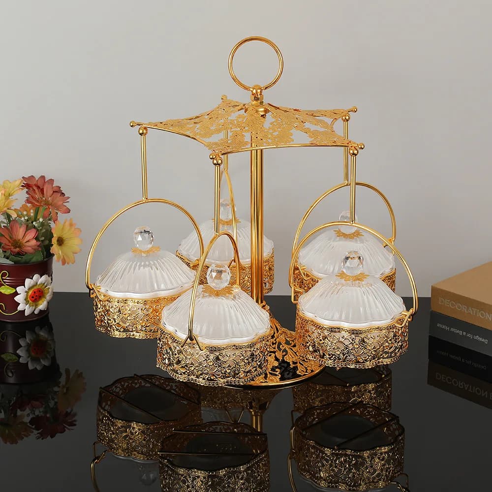 Wrought iron acrylic fruit plate light luxury with cover five-grid umbrella dried fruit box household living room snack fruit