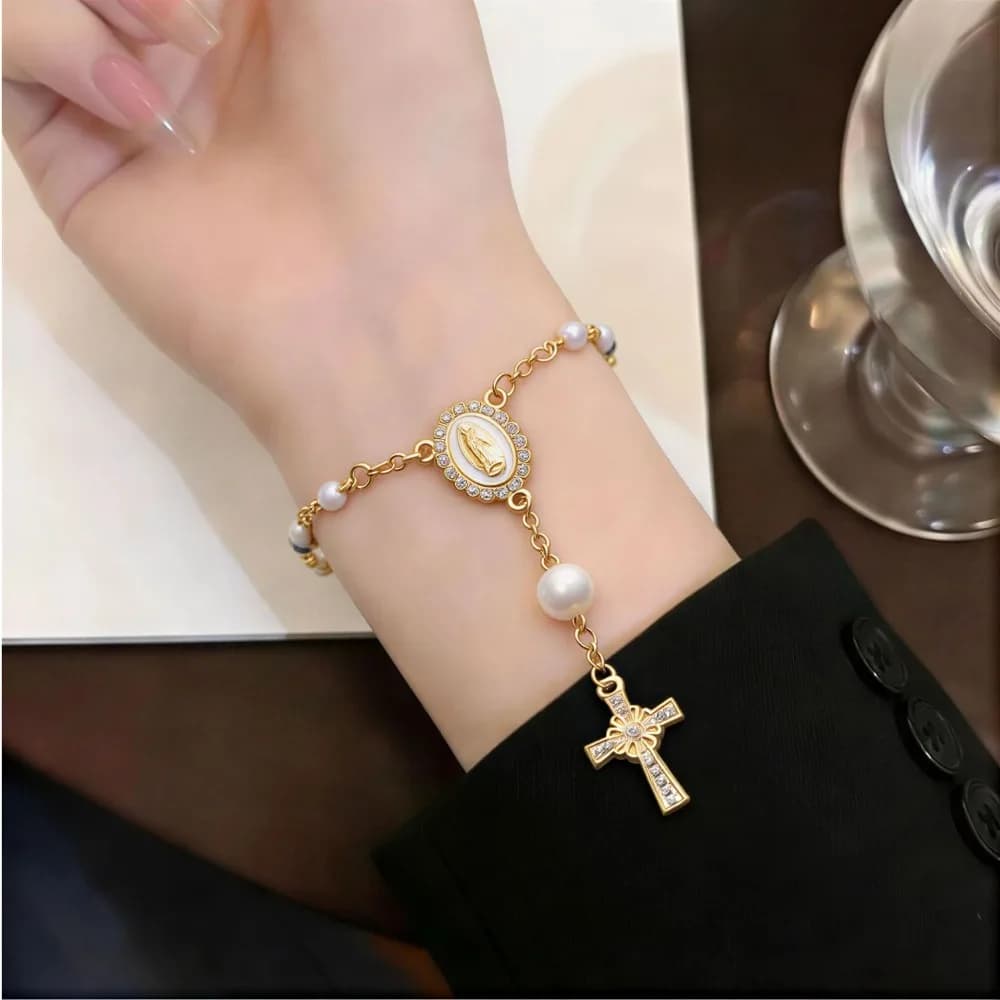 Bracciale con Ciondolo a Croce in Cristallo, Braccialetto con Perle per Donna, Ornamenti Regolabili, Bracciale da Preghiera, Accessorio per Mano