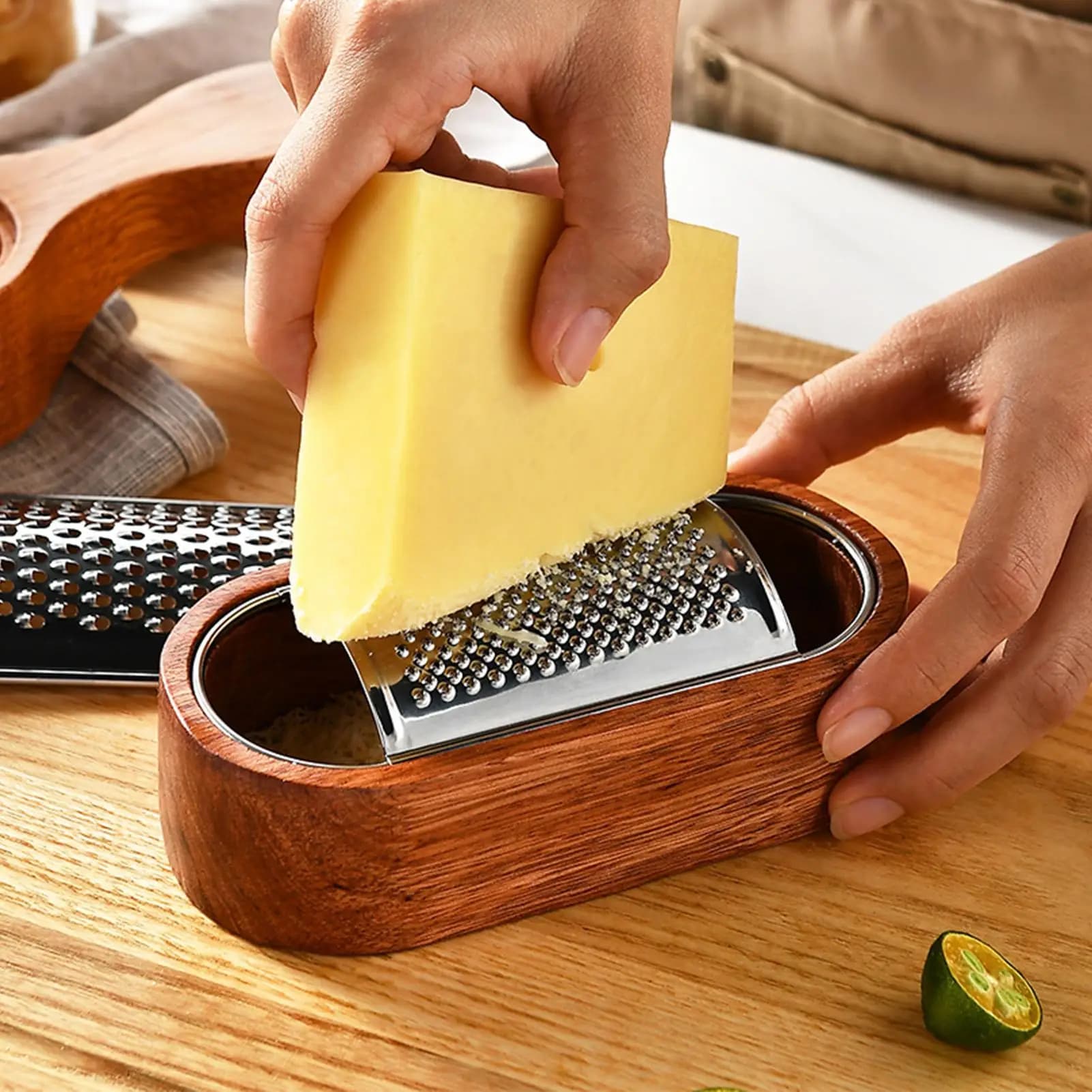 Cheese Grater Kitchen Shredder Gadgets with Wooden Container Cheese Shredder for Home Cooking Meal Prep Salad Making Camping