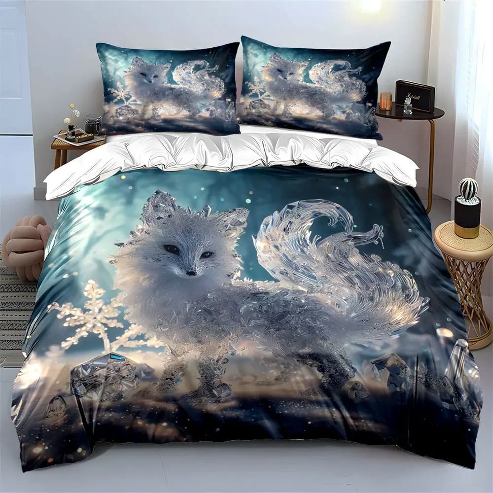 Set di Biancheria da Letto con Decorazioni a Forma di Volpe di Cristallo, Include 1 Copripiumino e 2 Federe, Disponibile in Misure Singola, Doppia, King e Queen, Idea Regalo