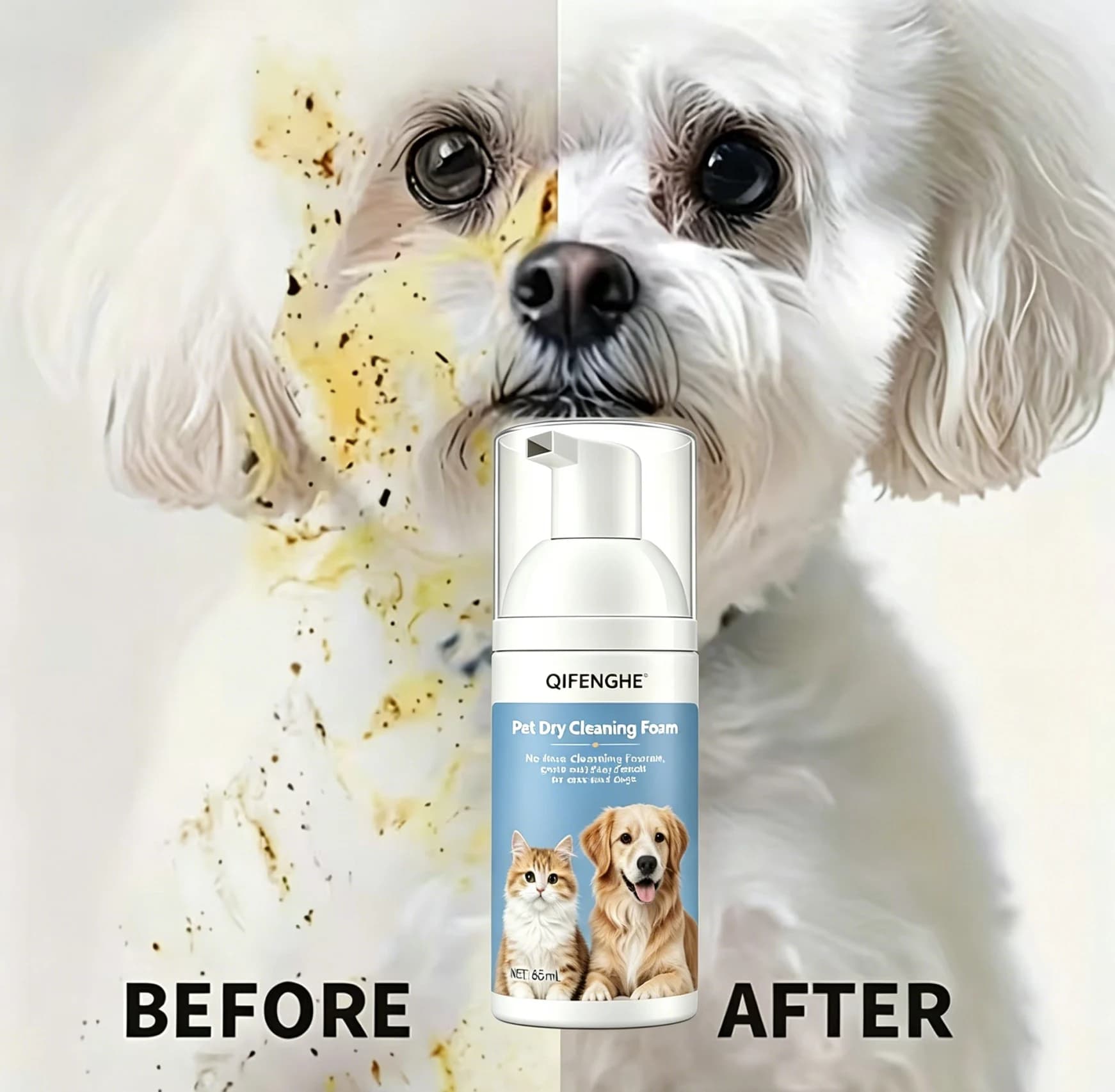 Schiuma detergente a secco per animali domestici da 65 ml, shampoo delicato senza acqua a base vegetale per cani e gatti, pulizia profonda e localizzata per zampe e tali.
