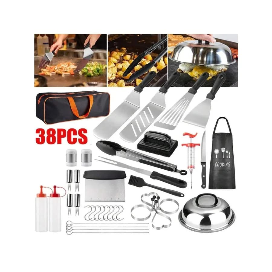 【Nuovo stile】Set di 38 utensili per barbecue in acciaio inossidabile, kit di accessori per piastra BBQ con spatola, raschietto, pinze per bottiglie, pinze per uova