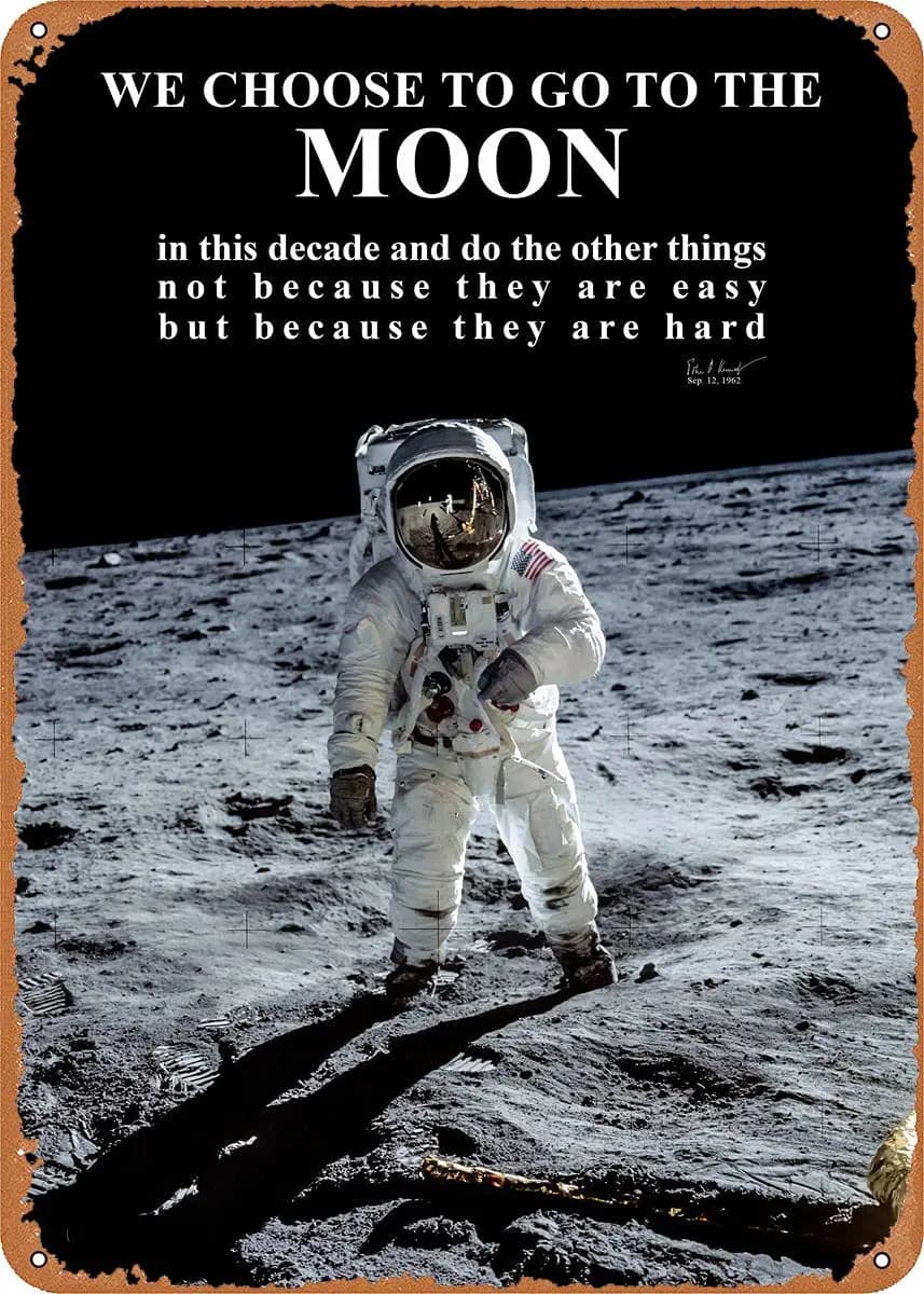 Apollo 11 Moon Landing JFK Targa in metallo in metallo Decorazione da parete retrò Stampa artistica vintage Poste Ottimo regalo per i fan dello spazio
