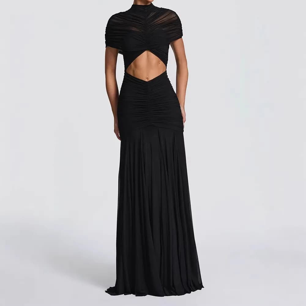 Elegant Style Banquet Style Tight Pleated Long Dress chilly style Waist Hollow Design Sexy Temperament Style