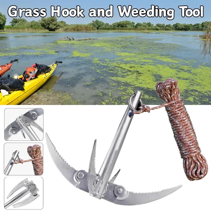 4 Claw Folding Water Weed Remover Anchor Heavy Duty Aquatic Grass Cutter with 10m Braided Rope For Boat Canoes Fishing Supplies