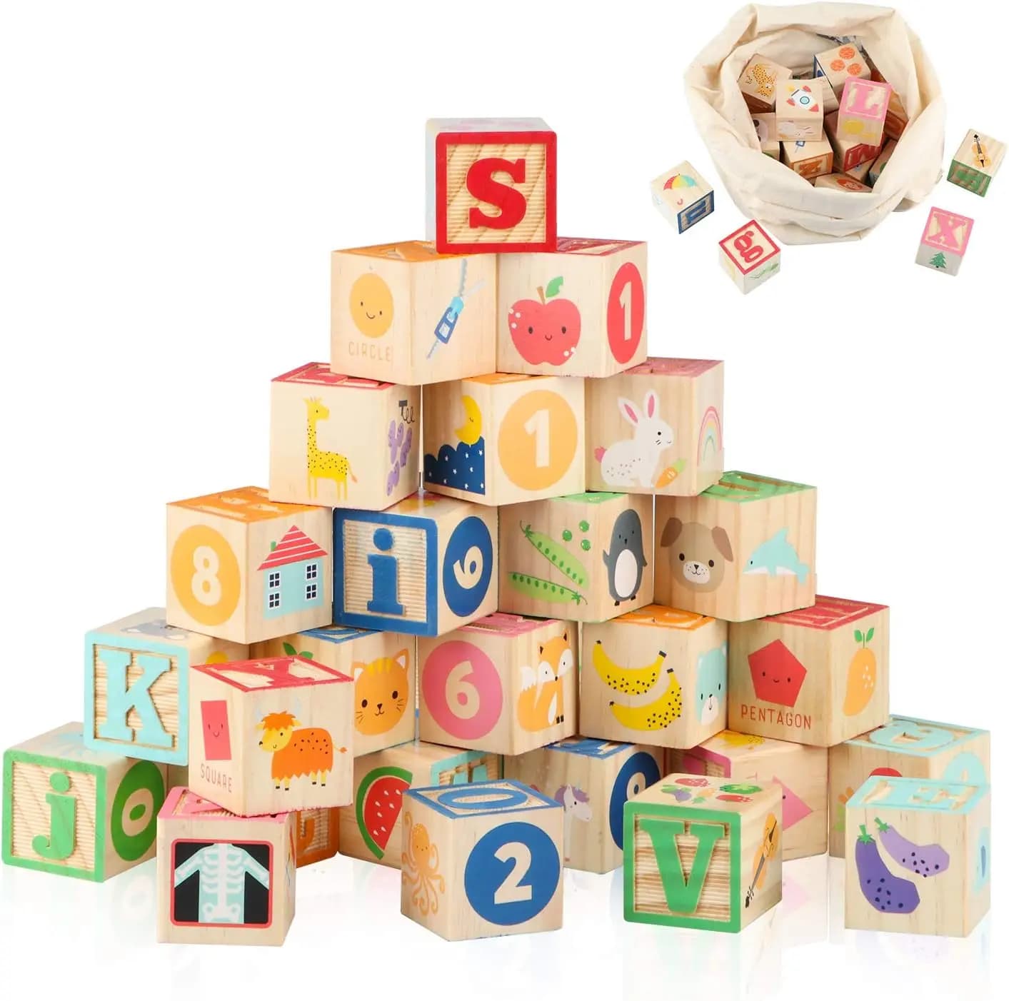 26 Pezzi Blocchi di Legno Alfabeto e Numeri per Bambini, Giocattoli Educativi Impilabili Sicuri per Bambini da 1-3 Anni
