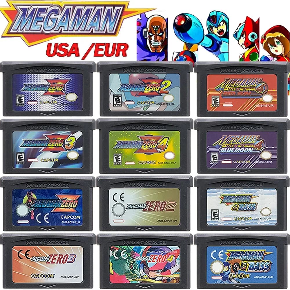 Cartuccia Giochi Mega Man GBA, Scheda Console Videogiochi 32 Bit, Mega Man Zero 1 2 3 4 Red Sun Blue Moon per GBA SP