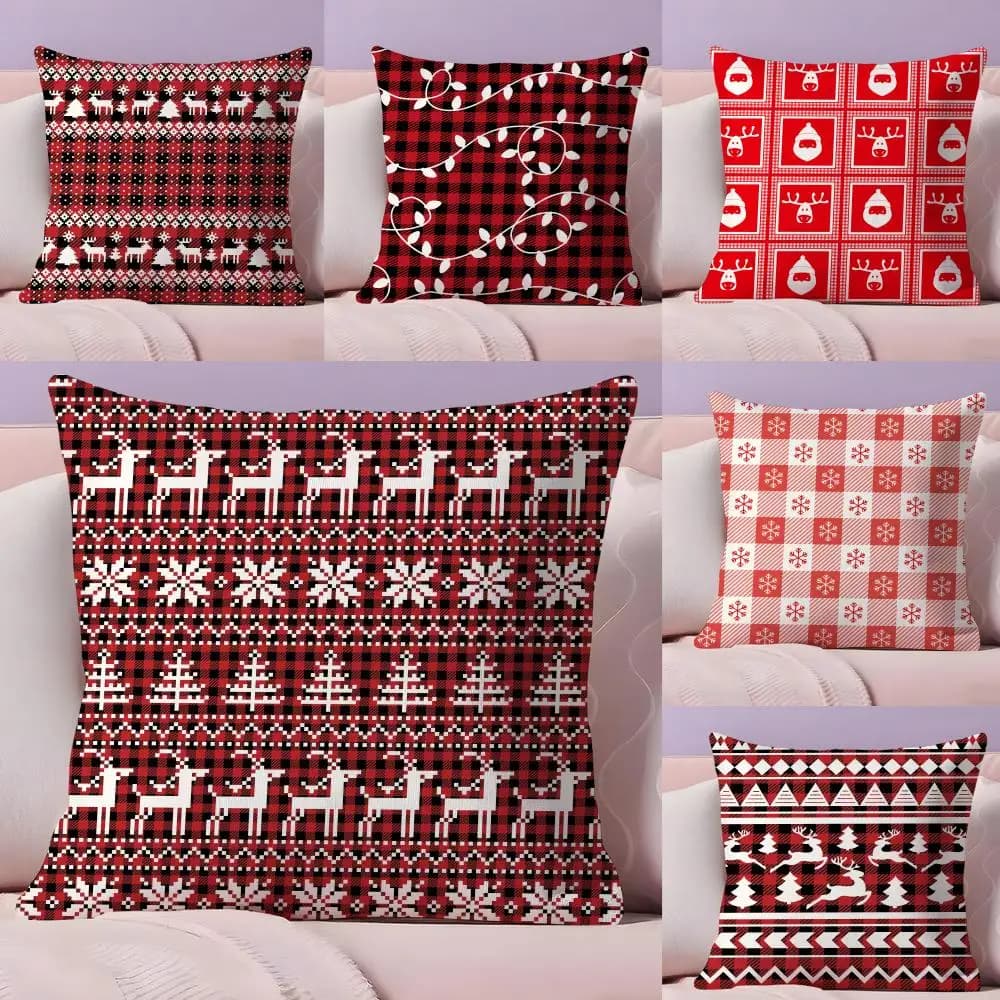 Federa per cuscino rossa stampata scozzese a righe natalizie Tessuto morbido peluche Divano stampato fronte-retro Fodera per cuscino regalo invernale caldo per la casa