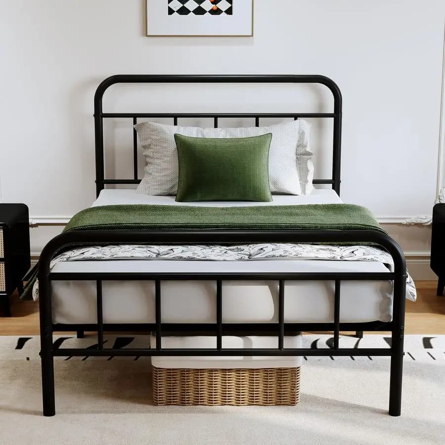 Struttura letto in metallo, telaio letto singolo con testiera imbottita, base per materasso robusta e resistente, facile da montare, senza rete a doghe