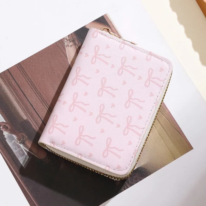 Cute Bow & Heart Pattern Short Wallet Light Pink PU Leather with Gold Zipper Multi-Functional Card Holder and Coin Pouch