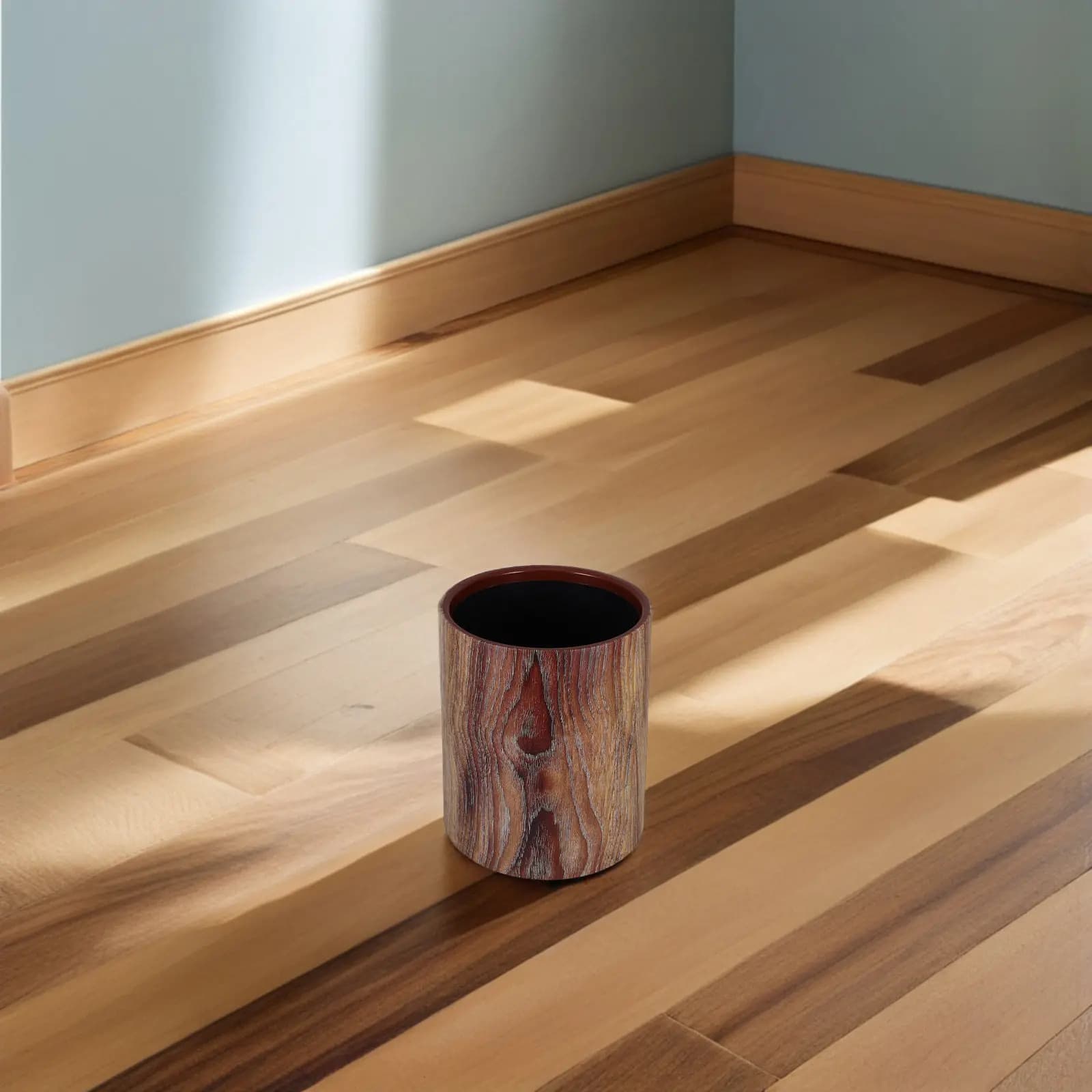 Retro Plastic Wood Pattern Trash Can Vintage Style Round Rubbish Bin 8L for Home Office Bedroom Bathroom Waste Basket