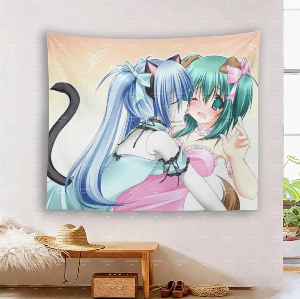 Anime Neko Girl Tapestry, Cute Cat & Dog Ear Girls Wall Hanging, Pastel Aesthetic Decor for Bedroom Dorm
