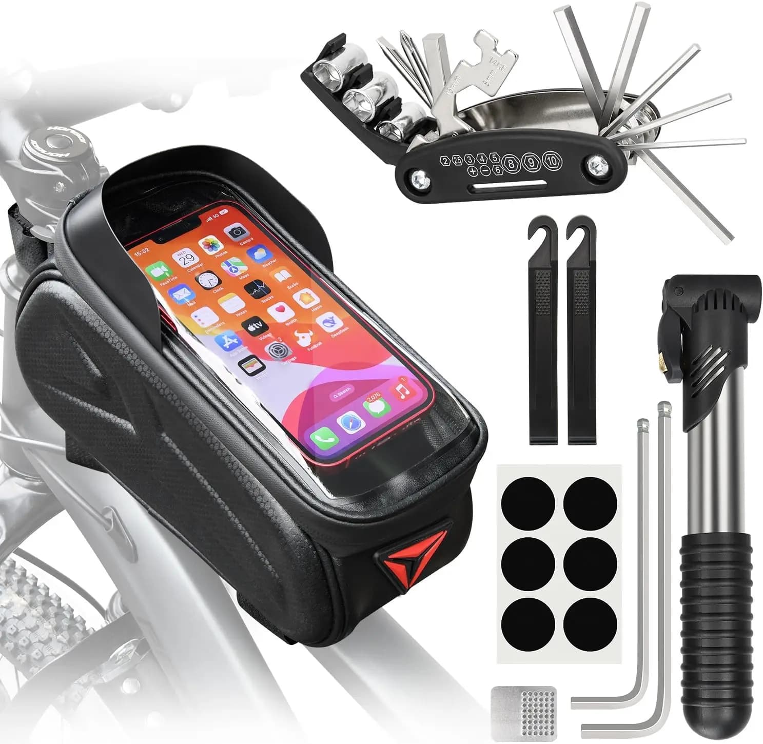 Bike Repair Kit Bicycle Repair Bag With Tire Pump Bike Tool Kit for Camping Travel 16-in-1 Bike Multitool Bicycle Tire Repair Ki