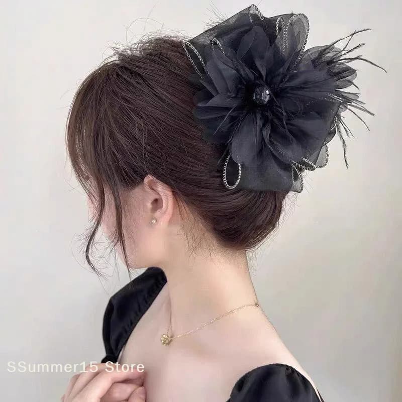 【R】Fashion Black Mesh Flower Hair Clip Women Shark Ponytail Clip Headdress Temperament Flower Hair Claw Headwear