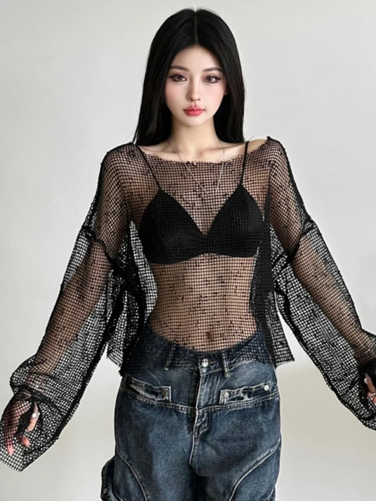 T-shirt casual da donna con protezione solare in rete stile Y2K, top corto scavato estivo Harajuku Grunge oversize