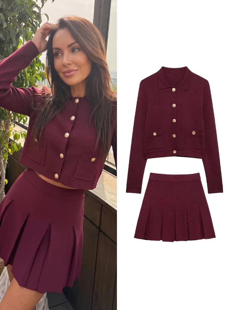 HH Elegante Completo da Donna in Maglia Rossa, Cardigan a Maniche Lunghe con Risvolto e Bottoni, Minigonna con Elastico in Vita, Set Casual da Festa