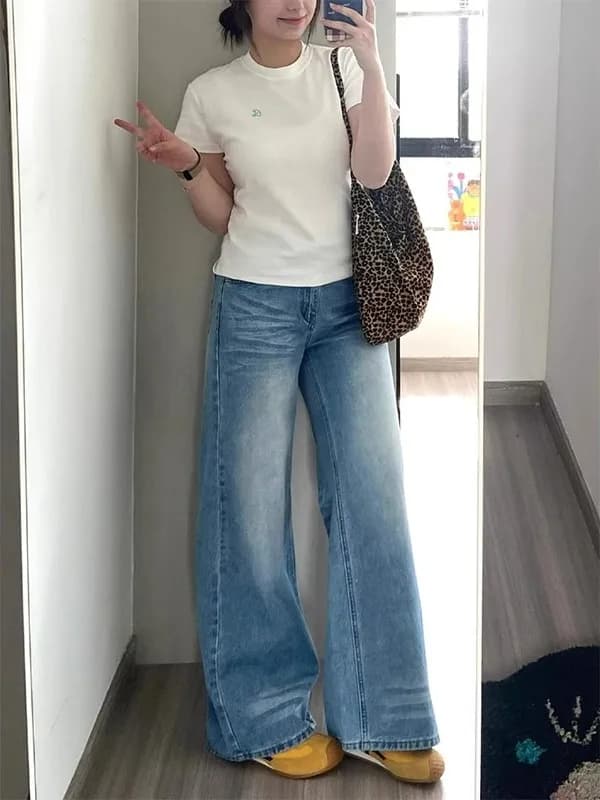 Washed Blue Loose Women's Jeans High Waist Wide Leg Pants Straight Cut Long Trousers Slimming Effect Versatile Casual Jeans