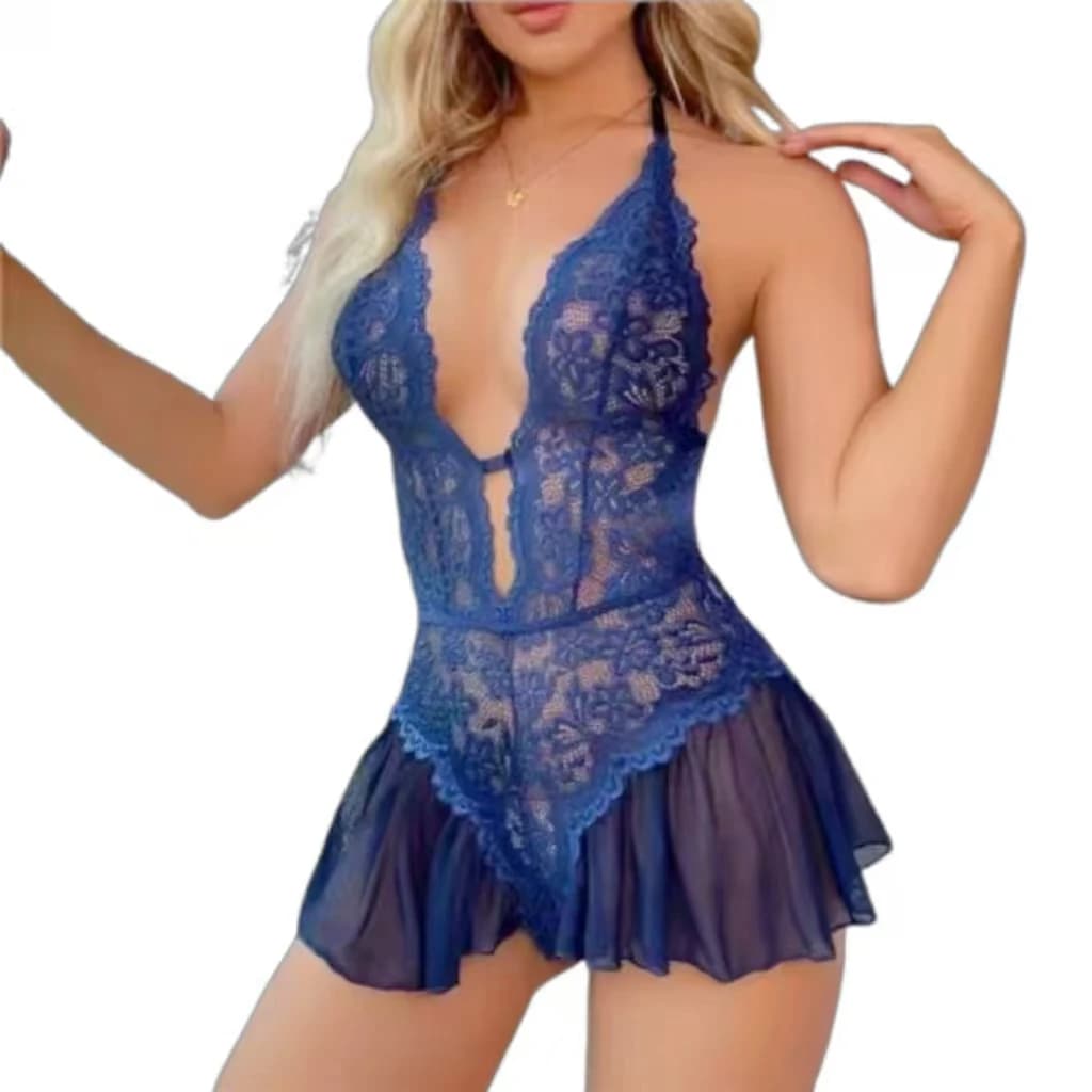 White Lace Crotchless Bra Set for Women Sexy Deep V Open Baby Doll Dress Erotic Costume Teddy Lingerie Set Women's Adult Toy