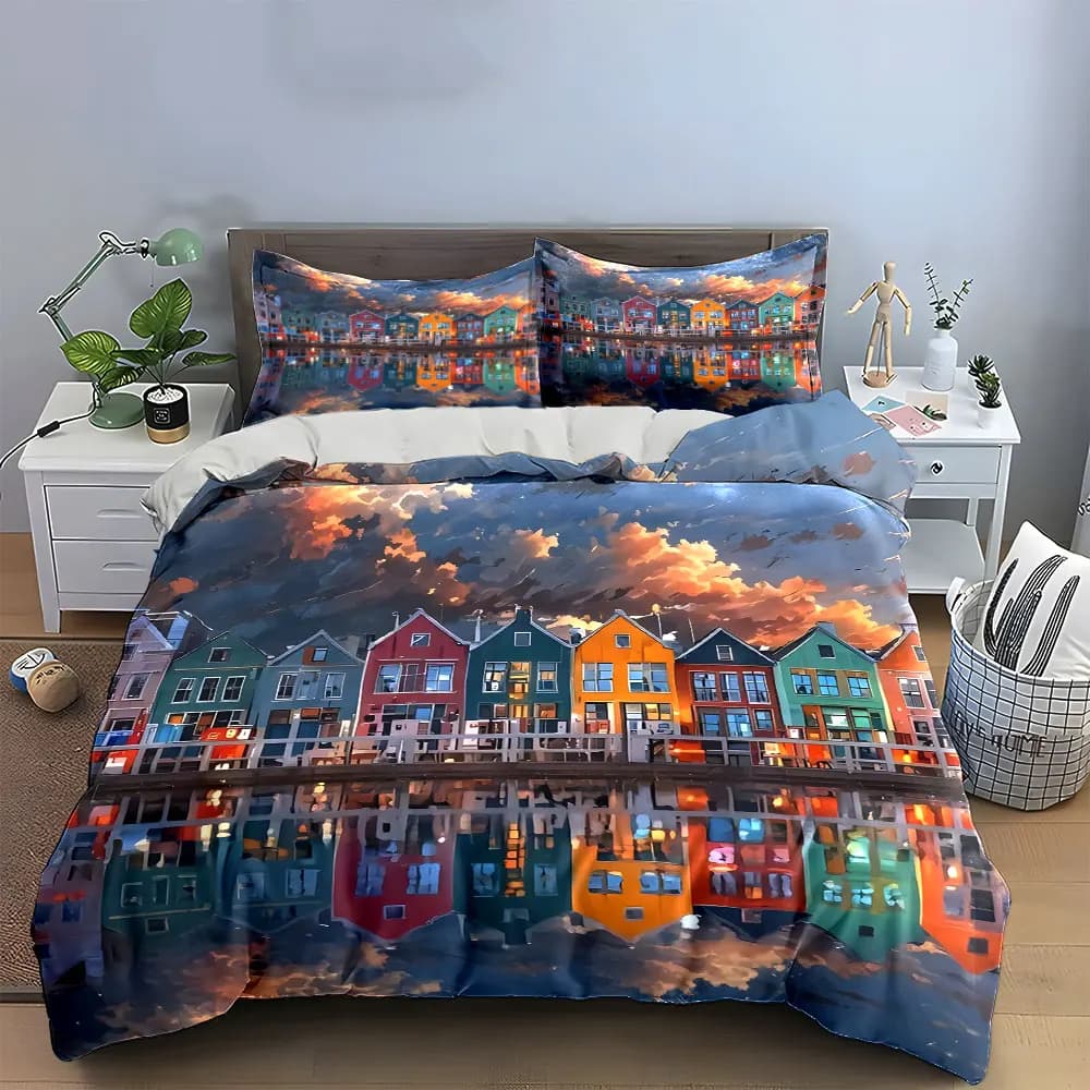 Set di biancheria da letto con 3 pezzi a tema case olandesi colorate, copripiumino con stampa di case sul canale e riflessi d'acqua + 2 federe, decorazione per letto
