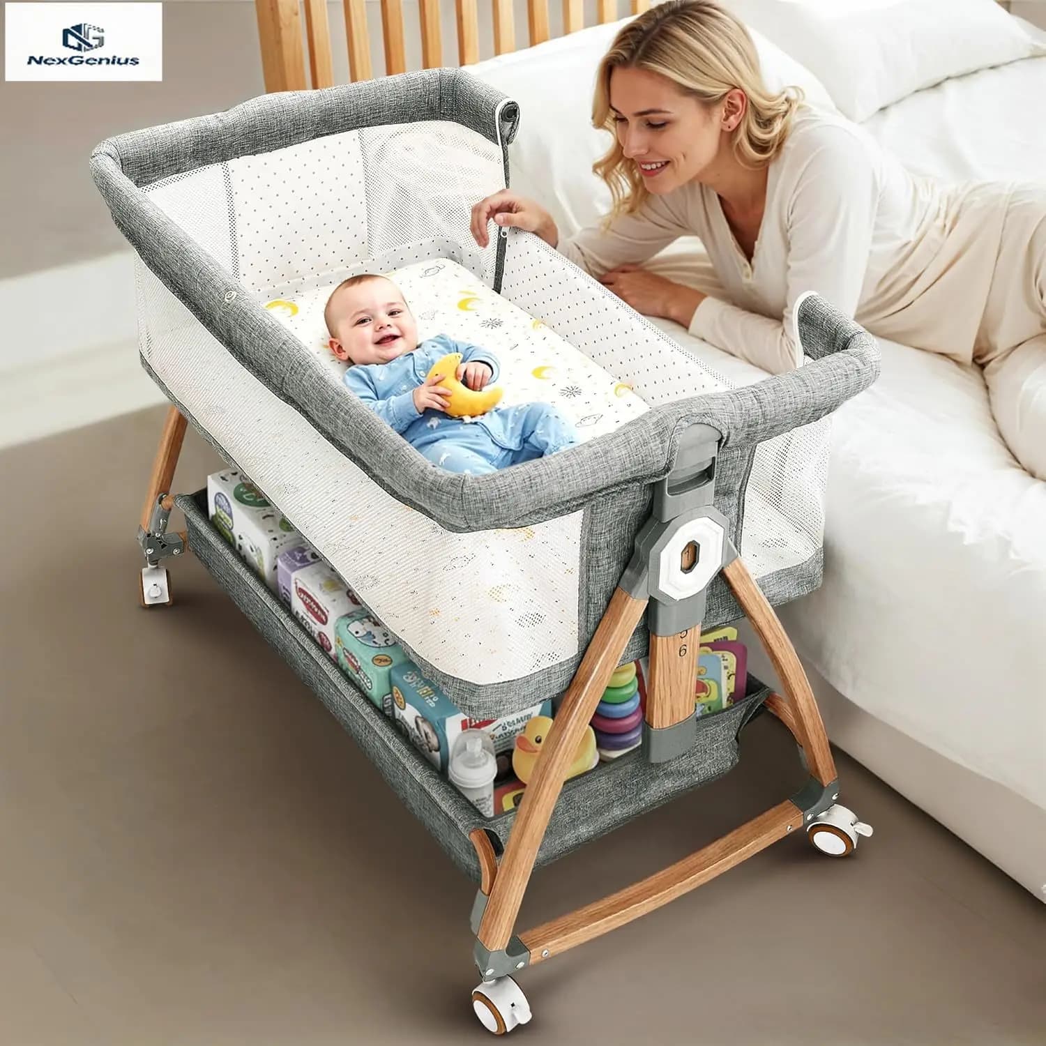 Baby cot from Comodin, Portable pendulum on the Net, Safe for Co-Sleeping, with Basketholders, Wheels and Height Adjustable, Travel bag