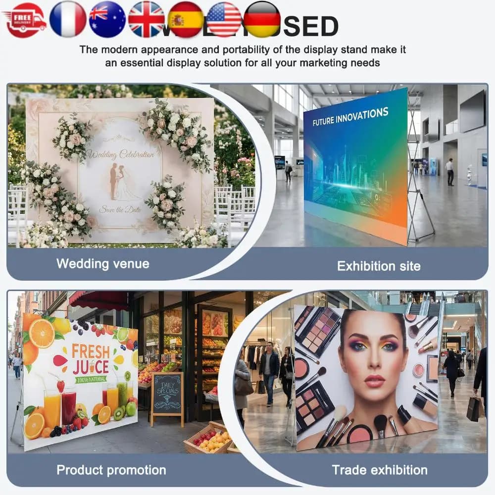 Espositore Pop-Up con Borsa per il Trasporto e Fascette Portacavi, Struttura Portatile per Stand Fieristico, Telaio di Supporto Posteriore Rinforzato per Fiere