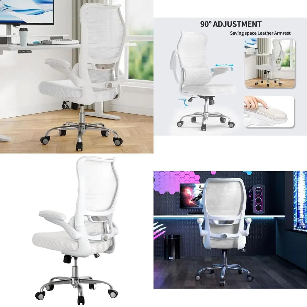 Sedia da scrivania ergonomica con schienale in rete con supporto lombare regolabile per casa, ufficio e giochi (Bianco)