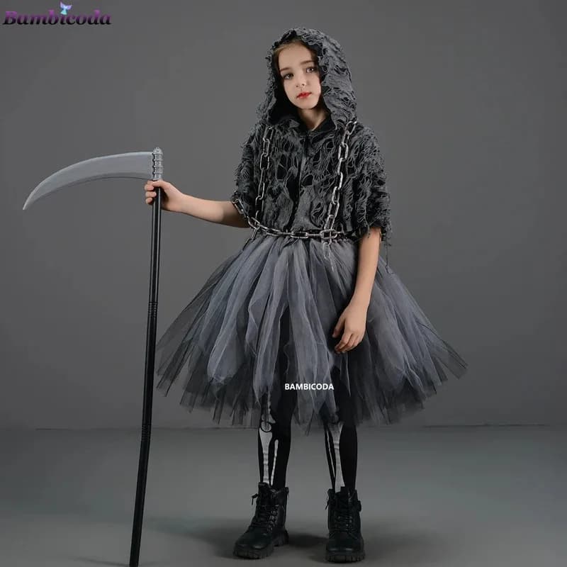 2024 Ragazze Demone Horror Morte Costume di Halloween Cosplay Fancy Dress Party Medievale Mantello con cappuccio Abbigliamento Party Grim Vestiti