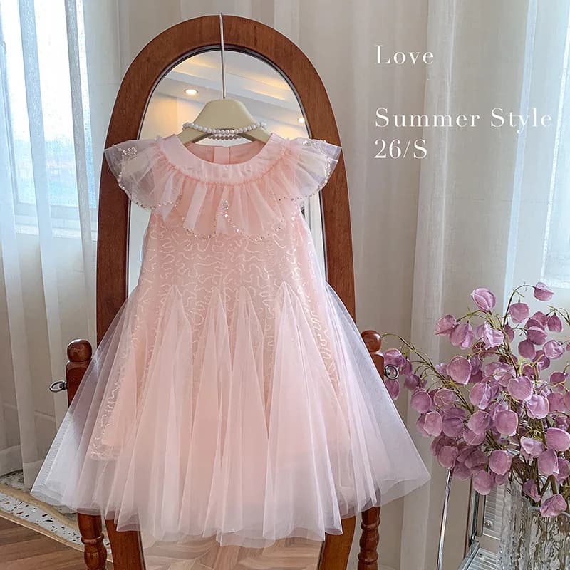 Vestito da Principessa per Bambina Estate 2026, Abito Elegante con Colletto a Foglia di Loto e Glitter per Compleanno