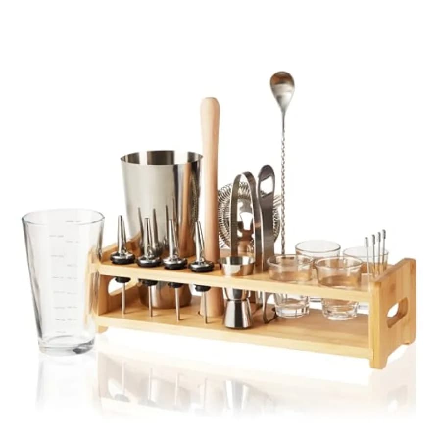 Set da bar per cocktail da 20 pezzi con supporto in legno, include shaker Boston, bicchiere per miscelare, muddler, jigger, colino, kit da barista.