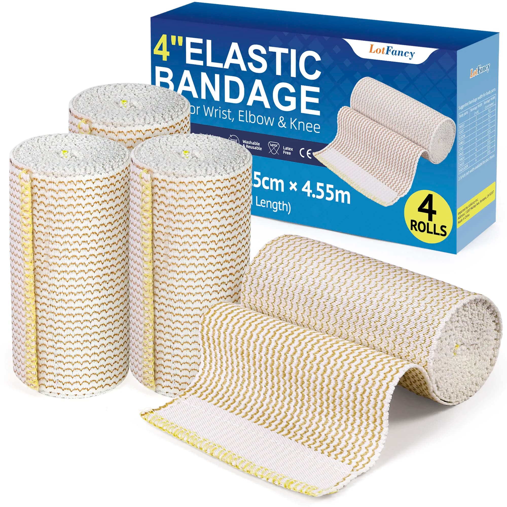 Elastic Benda, 4"x 15 feet, 4 cotton compression bandages with automatic closure on both ends, first aid support