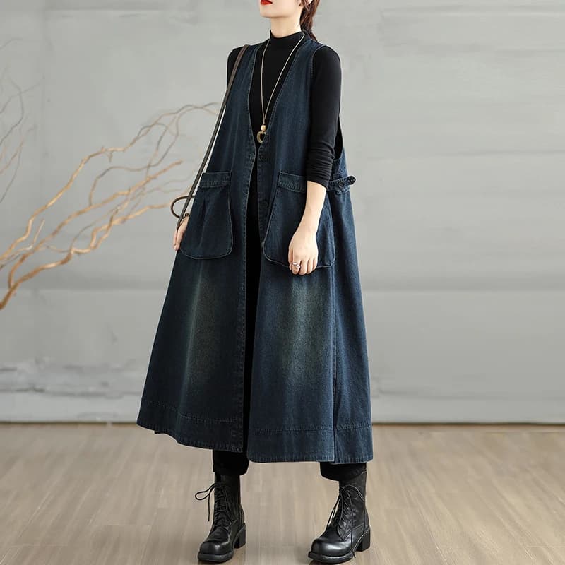 Casual Mid-Length Washed Denim Dress Women's Vest Skirt Over-Knee Windbreaker Button Spring Autumn New Style plus Size