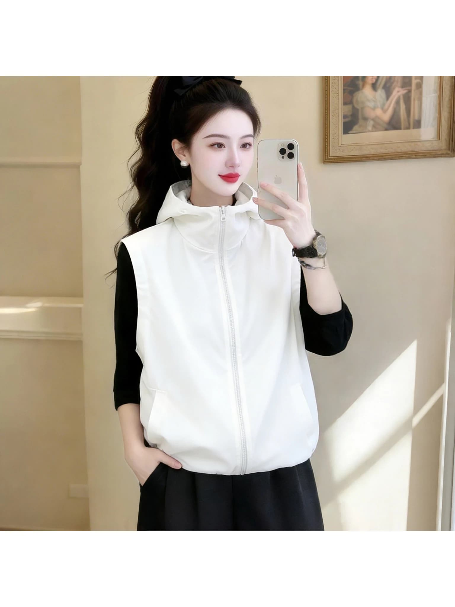 Casual Zipper Hooded Vest Women's Summer White Loose Versatile Fashion Outdoor Sleeveless Vest Commute Style City Life