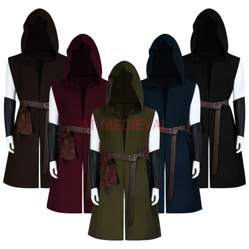Renaissance Costume Hooded Surcoat belt arm guard pouch bag Medieval Knight Sleeveless Tunic Tops Tabard Viking Halloween Cloak