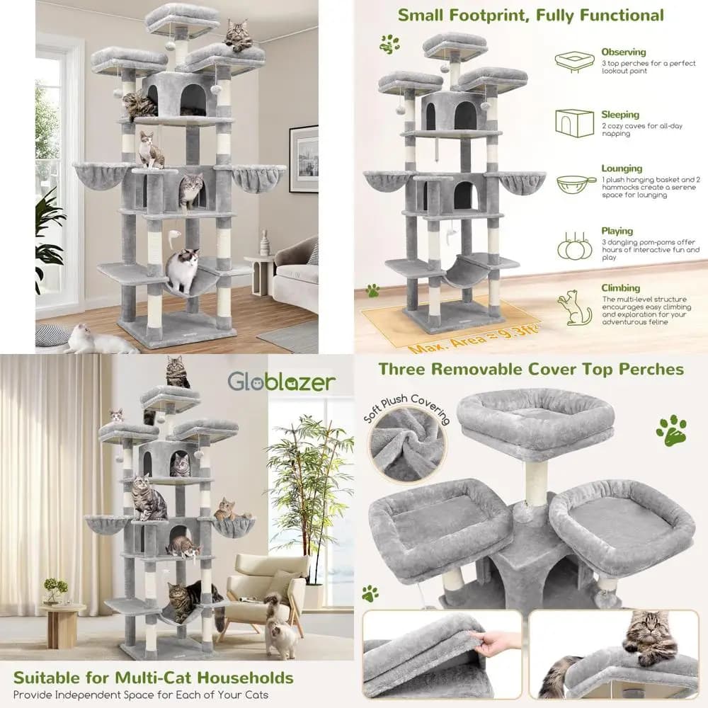Torre per gatti da interno XXL alta 80 pollici con livelli multipli, tiragraffi, amaca, posatoi e cestini sospesi, grigio chiaro