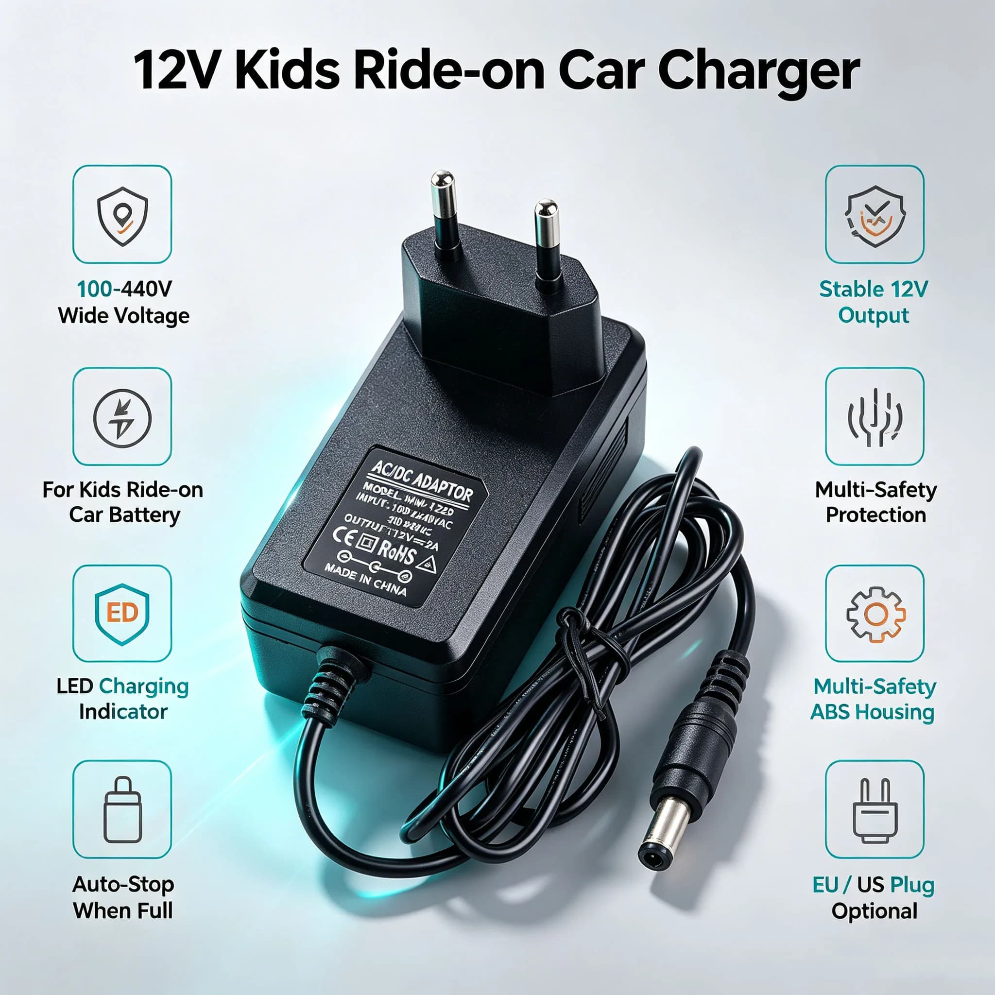 Battery Charger 12V1A 2A EU US Plug Ride on Toys Car Power Adapter Children's Electric Car Charger with Light Prompt