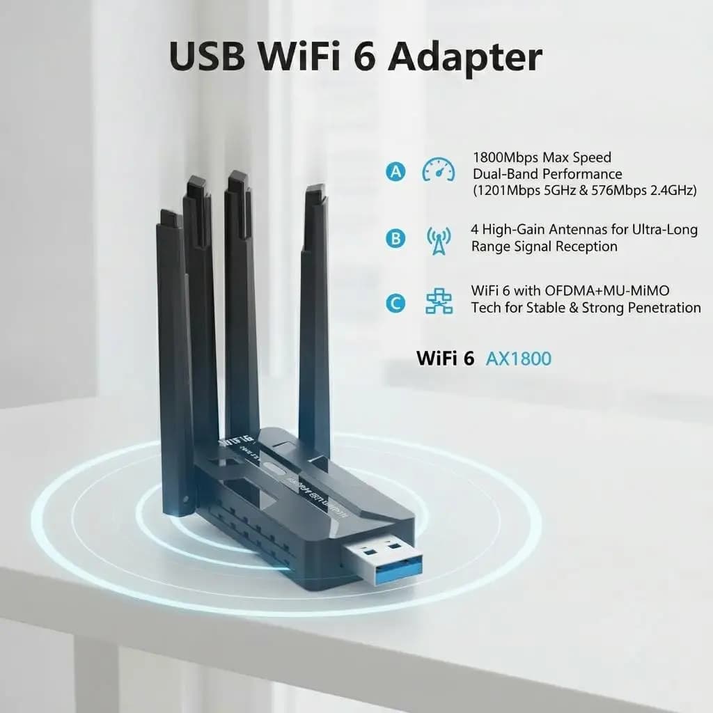 WiFi 6 USB 3 0 Adapter 1800Mbps Dual Band 5GHz 24GHz Wireless Network Card USB Dongle with 4 High Gain Antennas Long Range Signal Receiver Ideal for Gaming Streaming Video Calls Compatible with Windows 11 10 PC Laptop