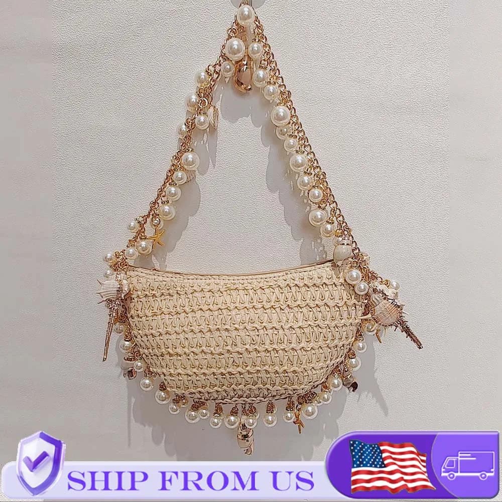 Borsa Artigianale in Paglia Intrecciata con Perle e Conchiglie da Donna, per Vacanze Estive e Spiaggia, Borse a Mano, a Tracolla, Tote e Hobo