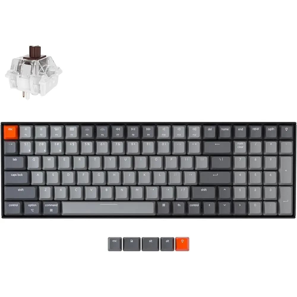 Tastiera Meccanica da Gaming Wireless/Cablata con 100 Tasti, Switch Marroni, Retroilluminazione LED Bianca, N-Key Rollover per PC Windows