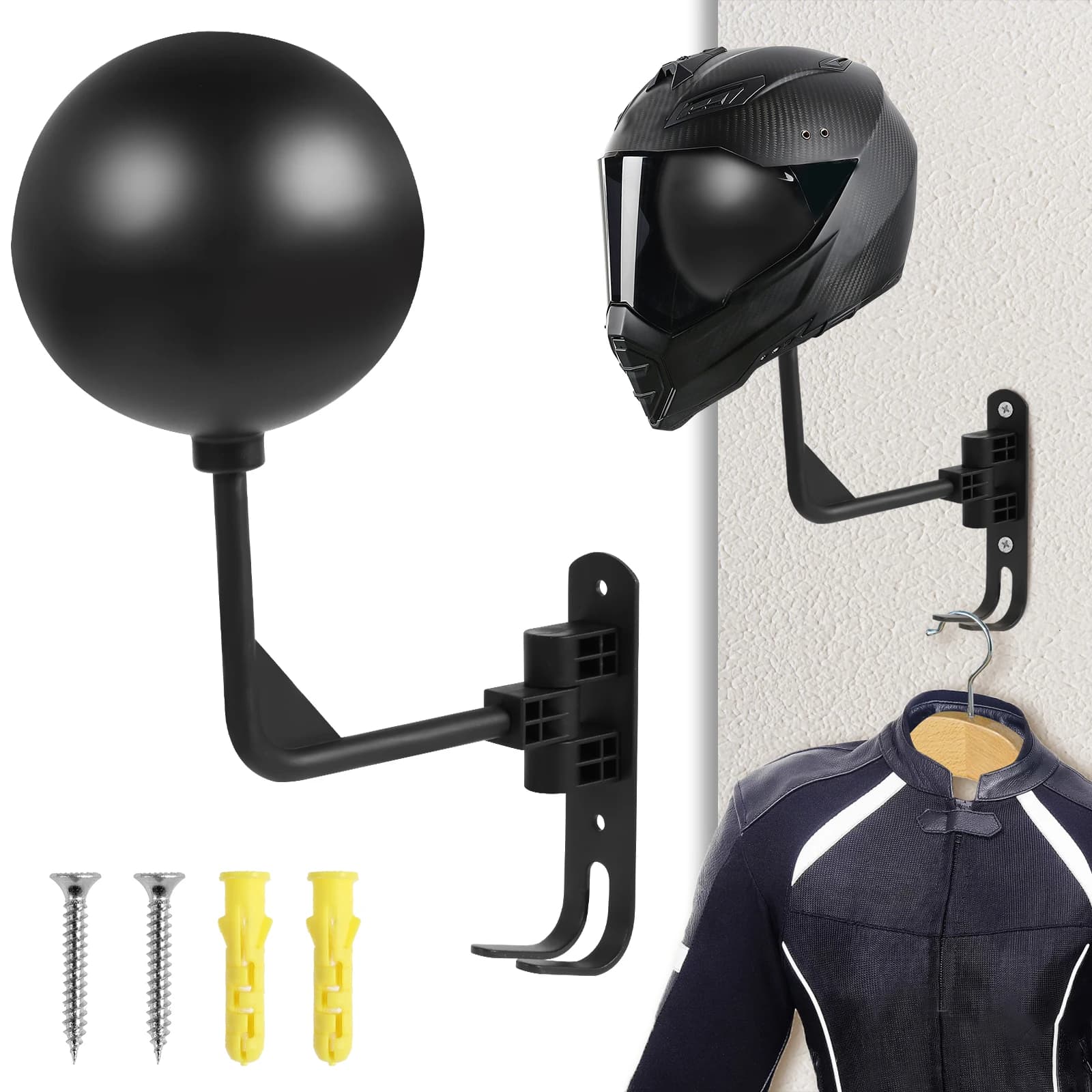 Motorcycle Helmet Holder Wall Mount Helmet Rack with Double Hook 180 Rotation Helmet Hanger Space Saving Motorcycle Helmet Racks