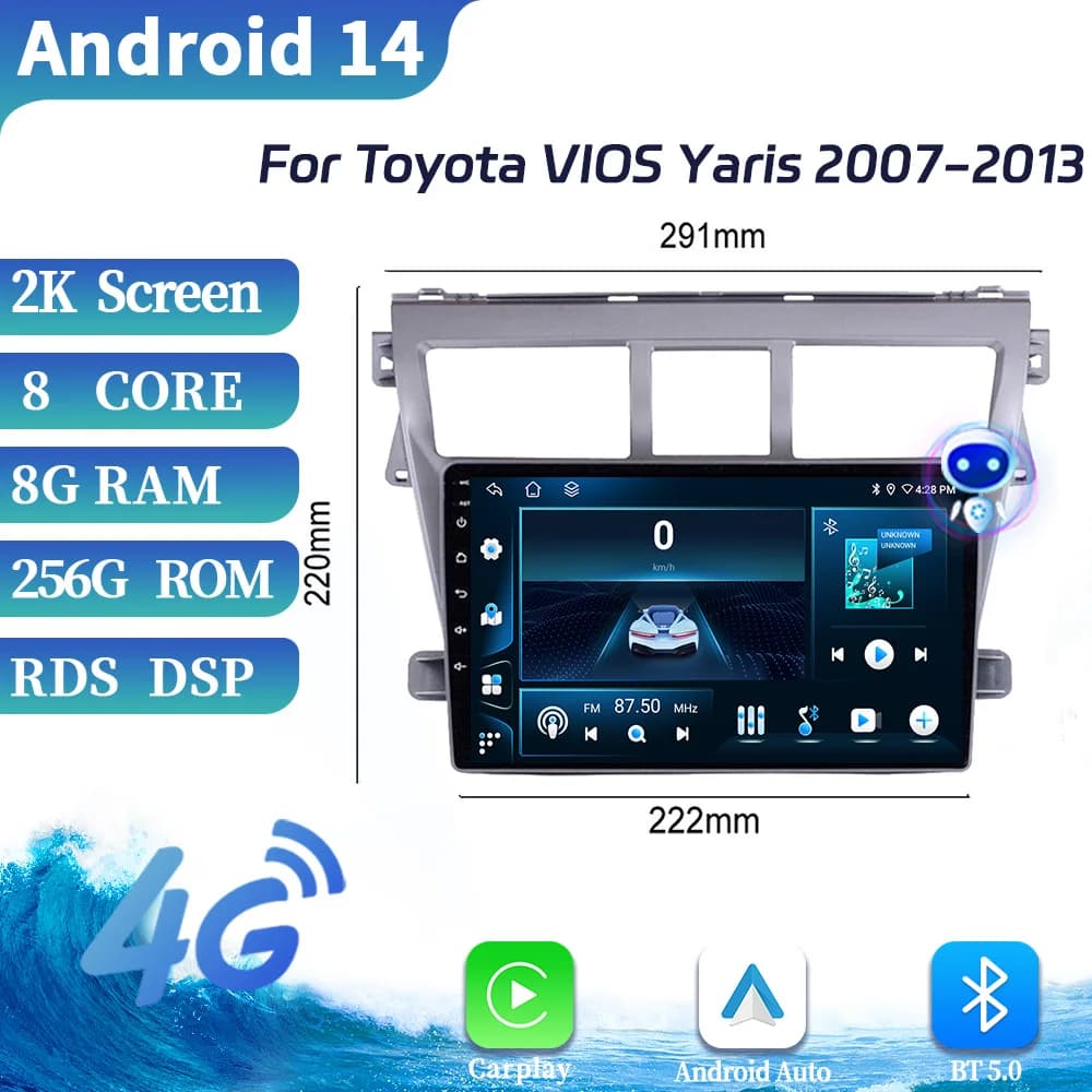 Car Radio Android OS For Toyota VIOS Yaris 2007-2013 Multimedia Touch Screen GPS Navigation 4G Wireless BT CarPlay Stereo