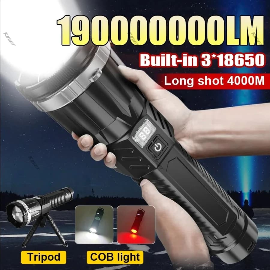 Super Powerful 19,000,000LM torch with Integrated Battery, High Power Rechargeable LED Flashlight, COB Camping Light with Large Opening
