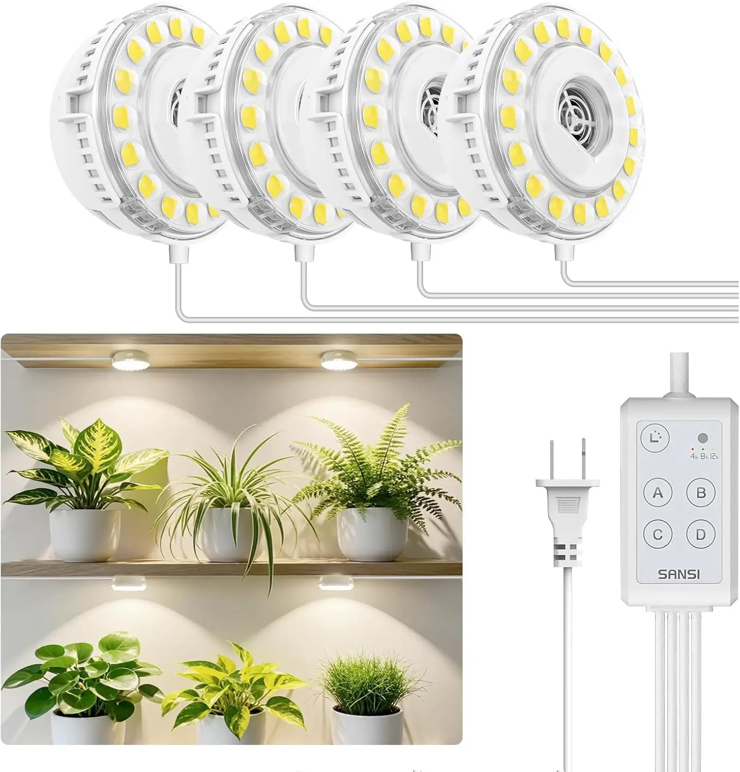 Lampada LED per Coltivazione a Spettro Completo 20W con Timer, 4 Teste per Piante da Interno, Accensione/Spegnimento Automatico 4-12 Ore