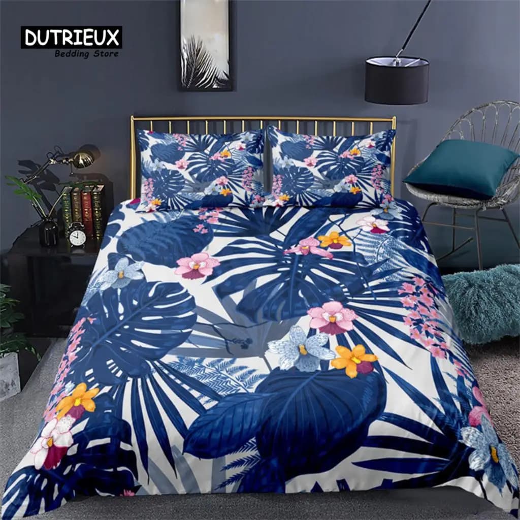Copripiumino con foglie di palma morbide Set di biancheria da letto con foglie botaniche tropicali in microfibra Copripiumino con stampa floreale con foglie doppie di Monstera