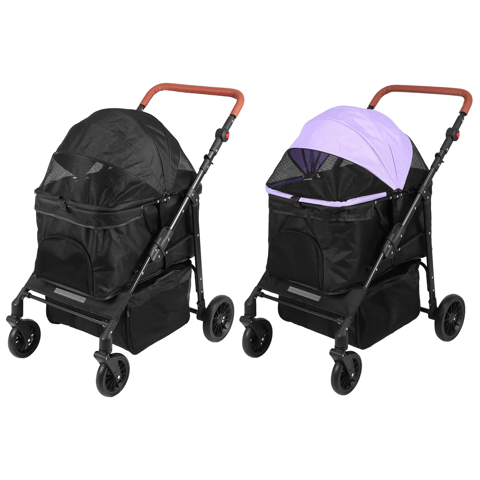 Passeggino per animali domestici fino a 15 kg, pieghevole, da viaggio, con 4 ruote, maniglia regolabile, striscia riflettente per jogging e corsa