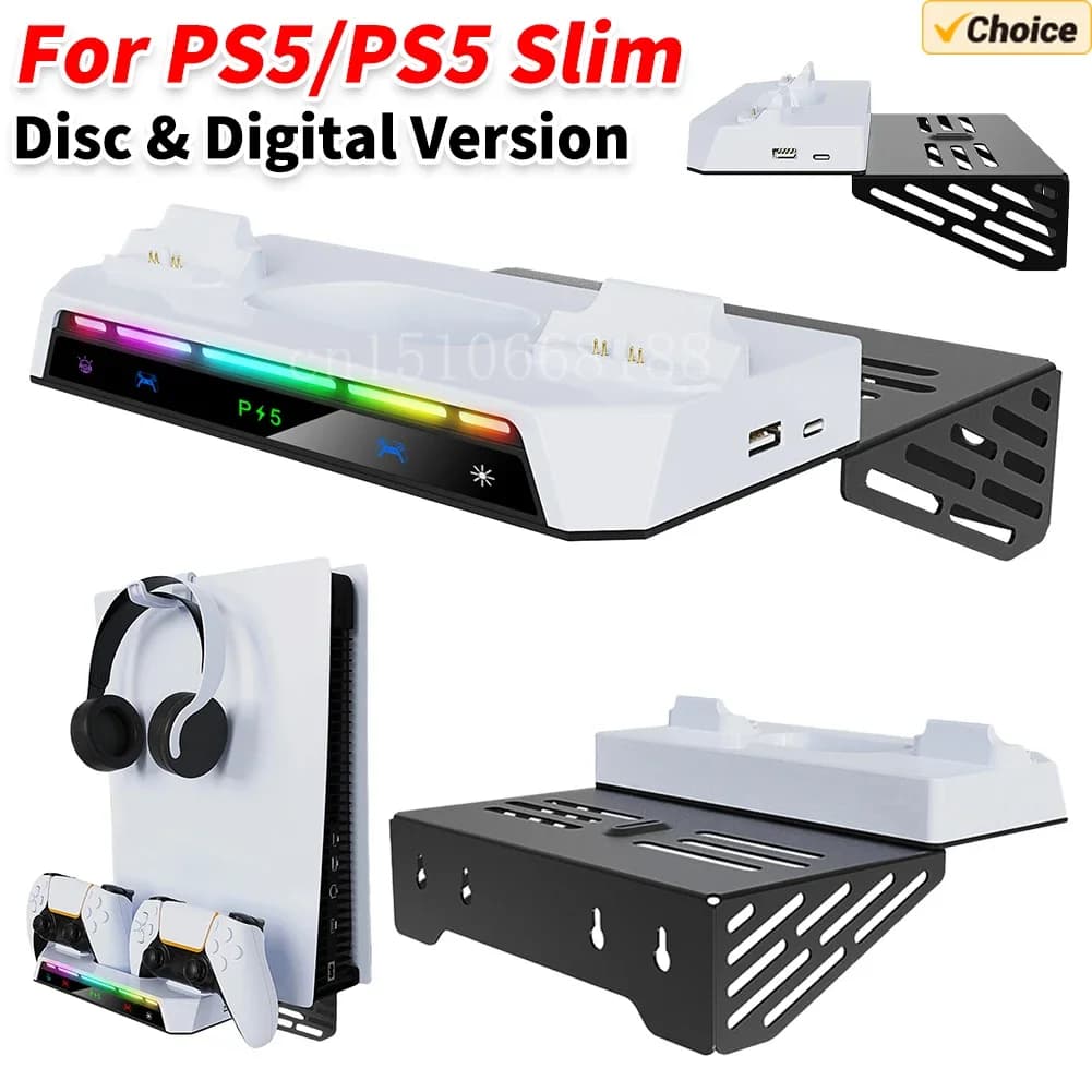 Per PS5/PS5 Slim Kit di montaggio a parete con doppio controller Stazione di ricarica Staffa da parete Supporto per cuffie per accessori Playstation 5
