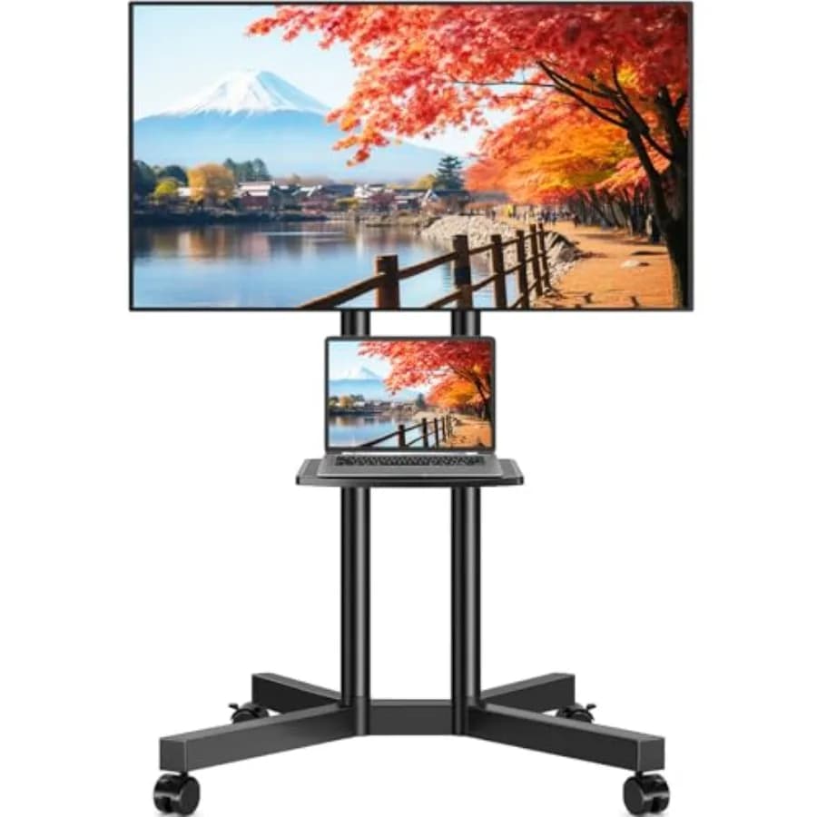 Supporto TV Mobile con Ripiano per Laptop, Ruote Migliorate per TV da 32-75 Pollici, Carrello TV Regolabile in Altezza