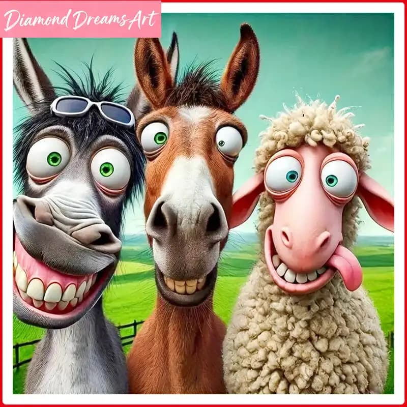 Dipinto Diamantato 5D Animali: Asino, Cavallo e Pecora, Mosaico Fai-da-Te, Decorazione Murale Senza Cornice