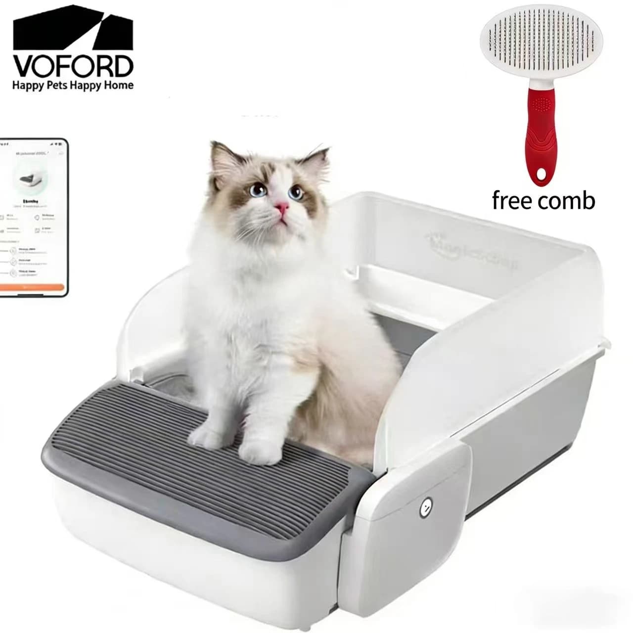 VOFORD Automatic Intelligent Cat Litter Box Self-cleaning Cat Sandbox Scooping Open Semi-enclosed Cats Toilet with Free Pet Comb