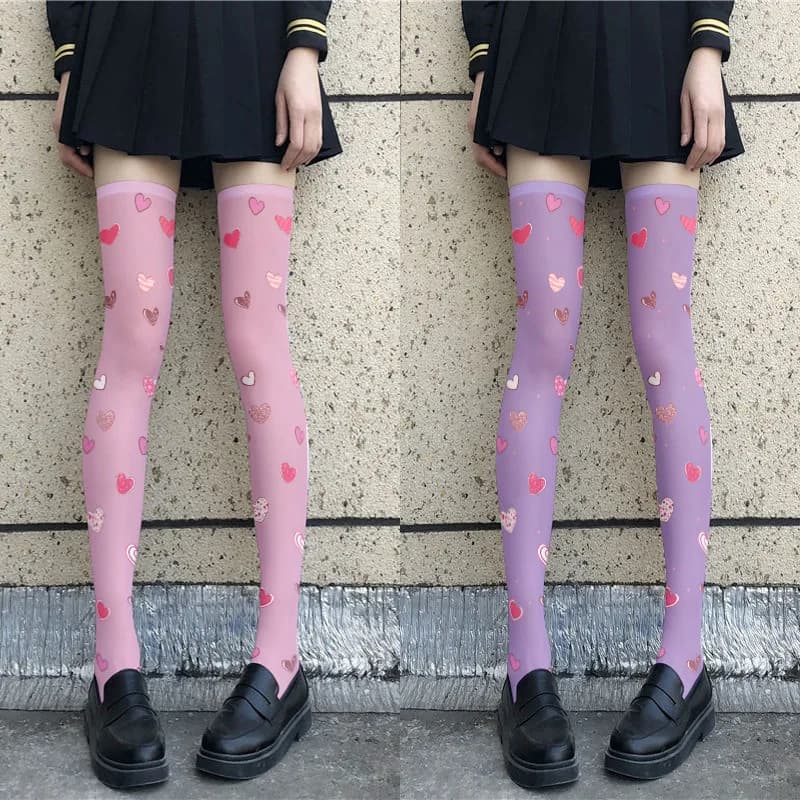 Calze da donna in seta stampata sottile giapponese Lolita carino anime sopra il ginocchio calzini lunghi in velluto bianco colore viola ragazze semplici