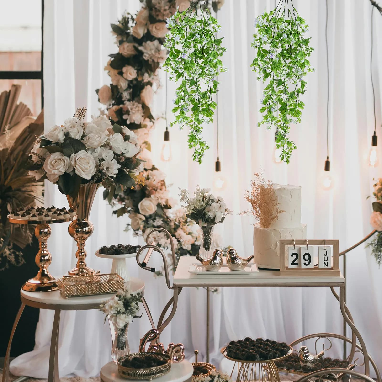 2Pcs Natural Atmosphere Fake Hanging Vines Artificial Greenery Stems for Home Office Wedding Shelf Decor Faux Plant